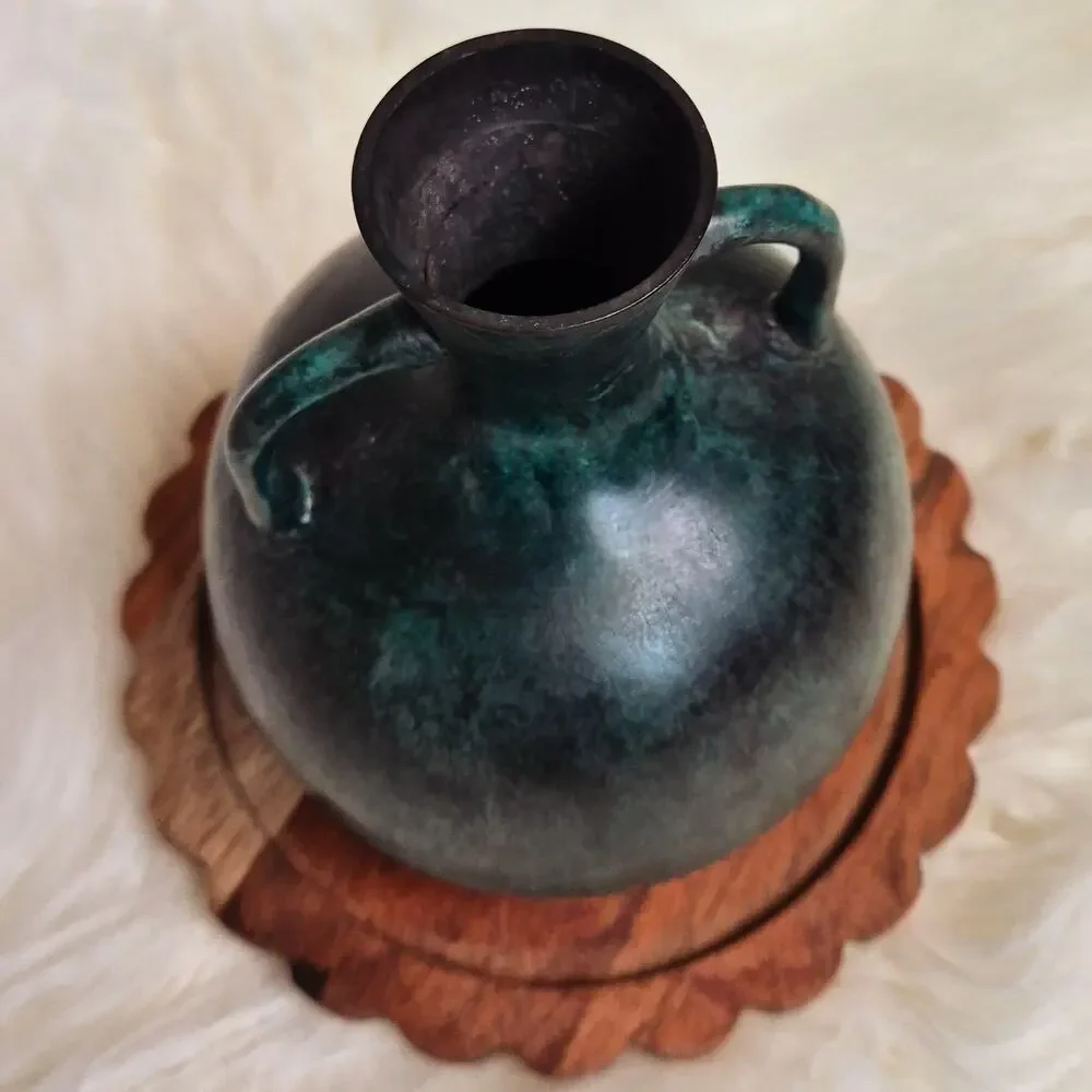 Antique Japanese Meiji Bronze Twin Handle Vase Green Patina